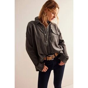 Free People We The Free Grey Luxe Velour Velvet Henley Shirt Top Boho Size Large